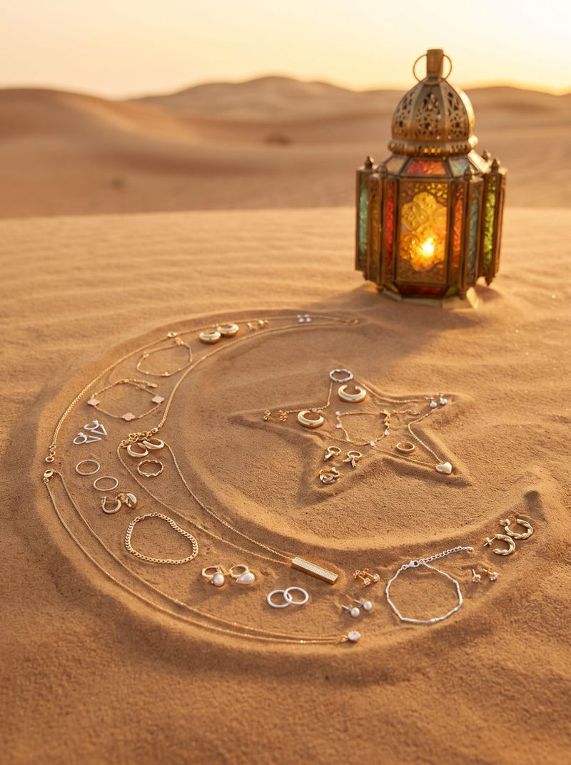 SANZIQ Complete Set: gold jewellery laid out as a crescent and star in desert sand