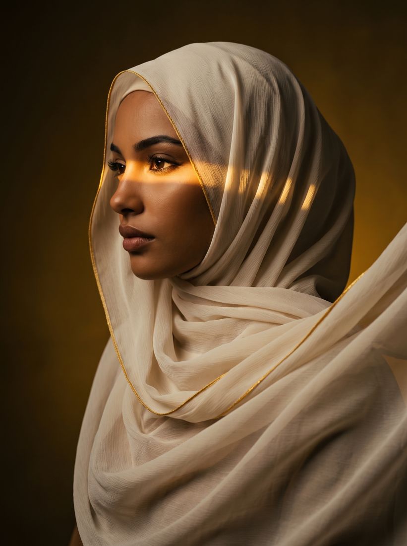 Woman in a cream hijab lit by warm golden light